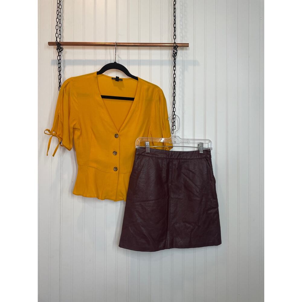 TOPSHOP New Look Yellow Ruffle Peplum Blouse & Leather Skirt Bundle of 2 Size 2